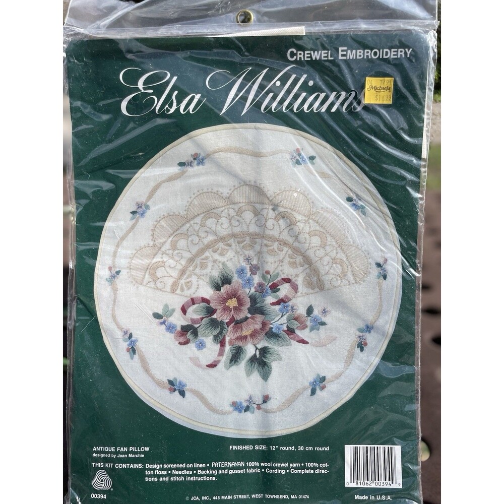 Elsa Williams Crewel Embroidery Kit Antique Fan PILLOW 12'' round #00394 VTG
